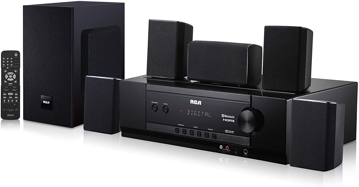 RCA (RT2781HB U) 1000-Watt Audio Receiver Home Theater System - Digital 5.1 Surround Sound & AM/FM Tuner, (Bluetooth and USB Playback) RCA (RT2781HB U) 1000-Watt Audio Receiver Home Theater System - Digital 5.1 Surround Sound & AM/FM Tuner, (Bluetooth and USB Playback)